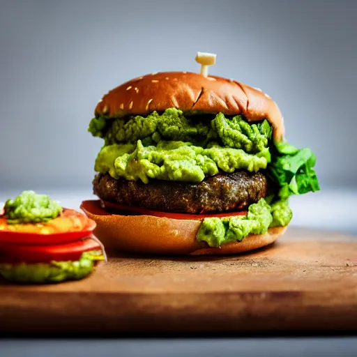 Image similar to juicy vegan hamburger topped with guacamole, fried onion and a vegan fried egg, crispy buns, 8 k resolution, professional food photography, studio lighting, sharp focus, hyper - detailed