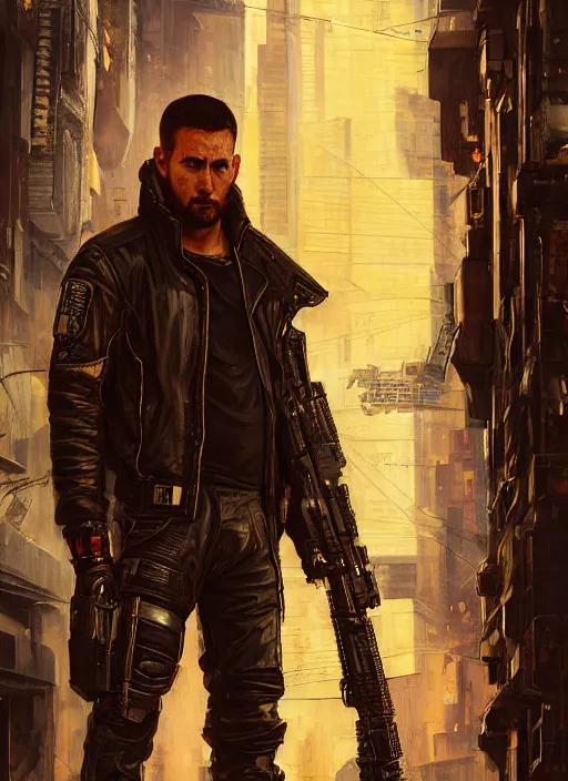 Image similar to adam smasher. cyberpunk mercenary in a cyberpunk jumpsuit ( blade runner 2 0 4 9, cyberpunk 2 0 7 7 ). orientalist portrait by john william waterhouse and james gurney and theodore ralli and nasreddine dinet, oil on canvas. cinematic, hyper realism, realistic proportions, dramatic lighting, high detail 4 k