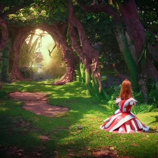 Prompt: alice sitting, alice in wonderland theme, disney photo realistic, octane render, 8 k, unreal engine, hd, cinematic lighting