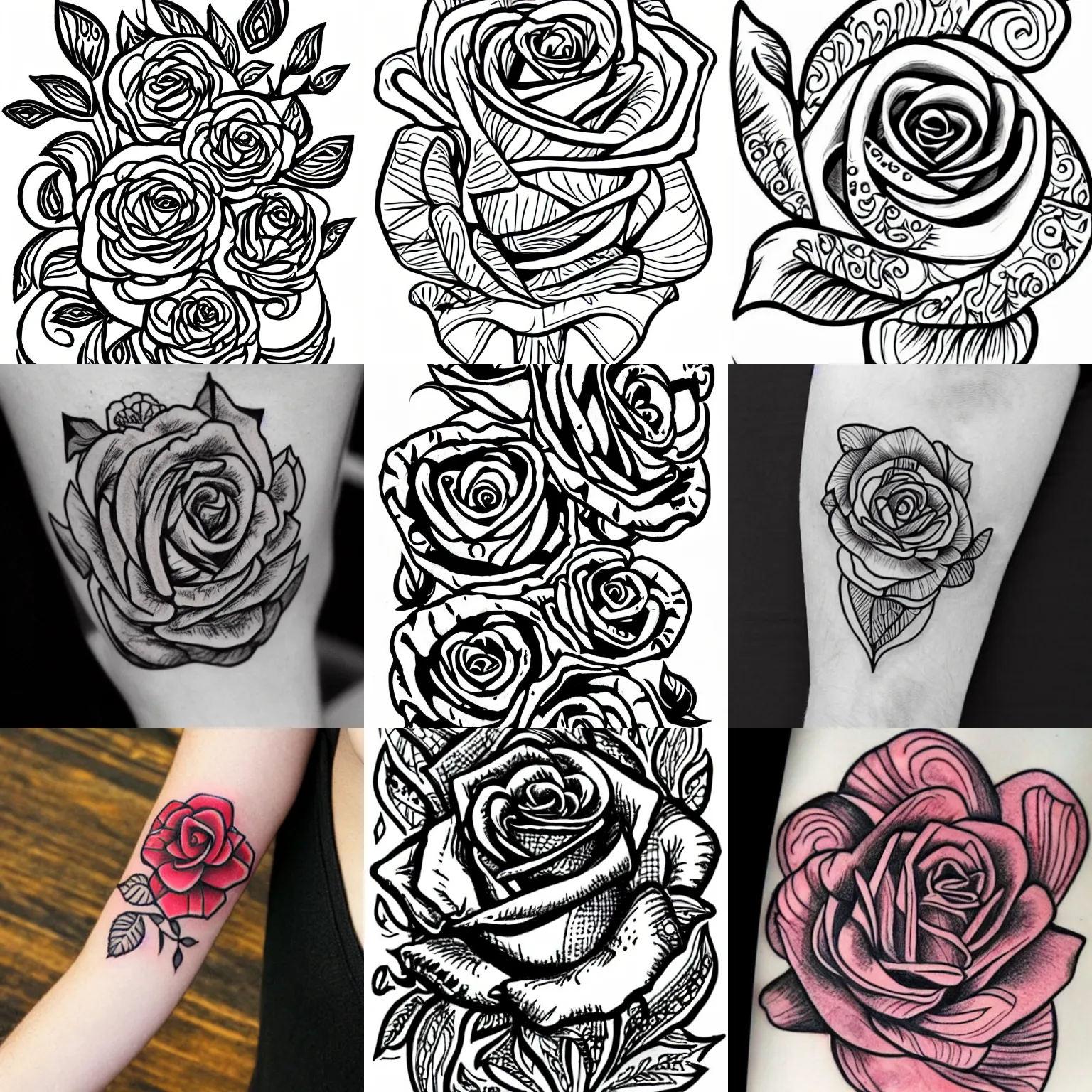 Prompt: rose tattoo, temporary tattoo, coloring page