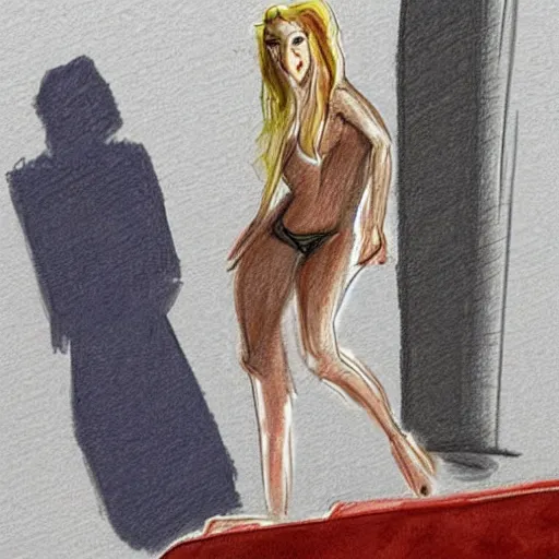 Image similar to courtroom sketch of amber heard standing on top of a bed, knees slightly bent, a brown object is underneath her