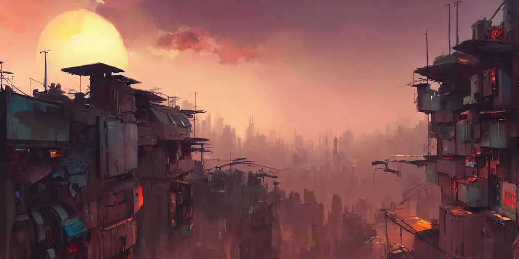 Image similar to Ian McQue Lee painting of a cyberpunk African favela, hazy sunset with dramatic clouds, asymmetrical, trending on Artstation, High quality image