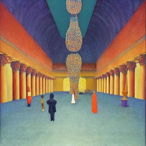 Image similar to a procession of women in a giant metaphysical temple, hyperrealistic film still by edward hopper, by gottfried helnwein, by klimt, by paolo uccello, art nouveau, highly detailed, strong lights, liminal, eerie, metaphysical, bright pastel colors,