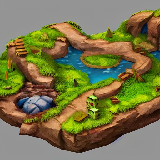 Prompt: a 3d diorama of a nature setpiece,isometric,cartoony,modeled,artstation,beautiful