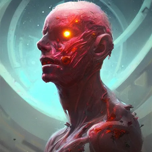 Image similar to scifi portrait by Greg Rutkowski, a person infected with a kind of reddish silt that is sprouting from all over his body, violent and vicious appearance, scifi, space horror, digital painting, artstation, concept art, smooth, sharp foccus ilustration, Artstation HQ.