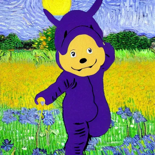 Image similar to tinky winky frolicking in a field in the style of van gogh