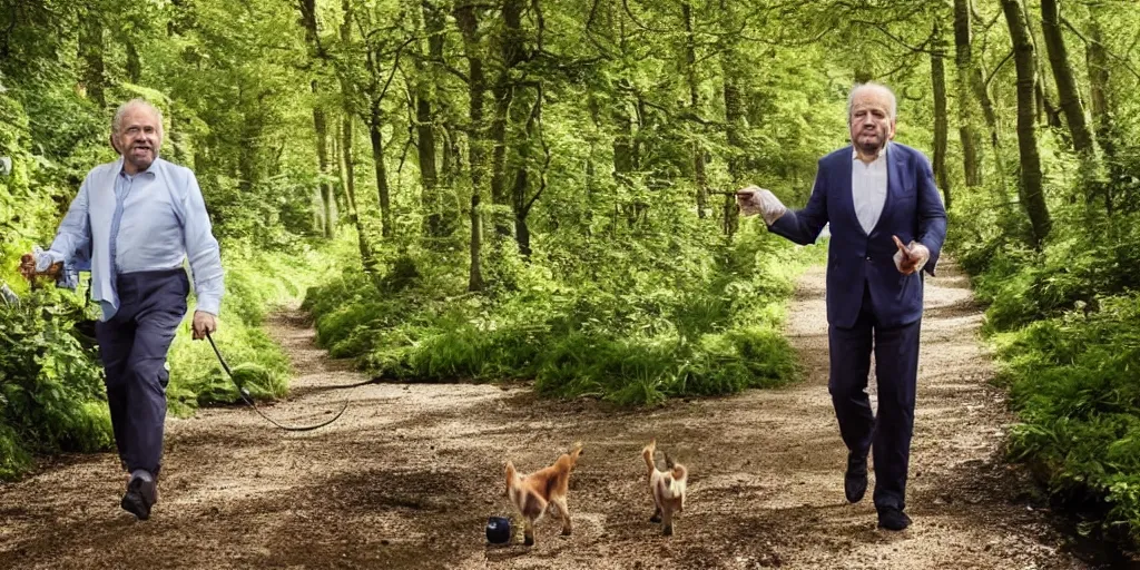 Prompt: alan sugar going for a walk in the country eating leaves in the forest eating toast and drinking water from a stream, with skyscraper arms. pastry pets on his shoulders, and sitting on hands. running advert