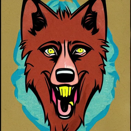 Image similar to portrait of retarded wolf, funny, squint eyes, rabies, propaganda style, vivid colors, poster style, bad art