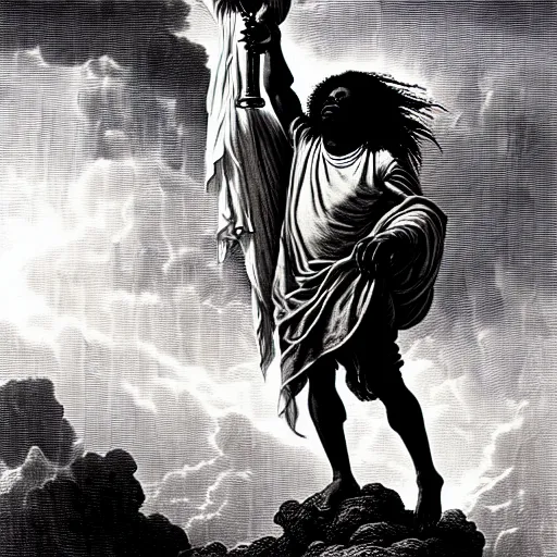 Image similar to cheef keef ascending into heaven holding actavis, biblical image, style of gustave dore, highly detailed, beautiful, high contrast, black and white