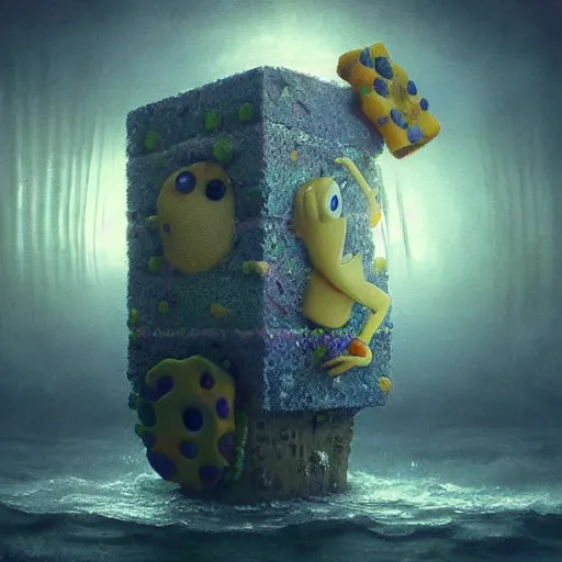 Image similar to hyperrealistic mixed media high resolution painting of SpongeBob SquarePants, stunning 3d render inspired art by István Sándorfi and Greg Rutkowski, perfect symmetry, dim volumetric lighting, 8k octane beautifully detailed render, post-processing, extremely hyper-detailed, intricate, epic composition, highly detailed attributes, highly detailed atmosphere, cinematic lighting, masterpiece, trending on artstation, very very detailed, masterpiece, stunning, flawless structure, lifelike texture, perfection,