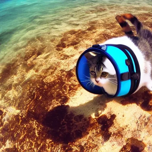 Image similar to cat wearing diving gear swimming in ocean, gopro footage 4k