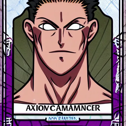 Image similar to official hunter x hunter card with picture of a white skinned armenian with a big jaw and a hairy chest