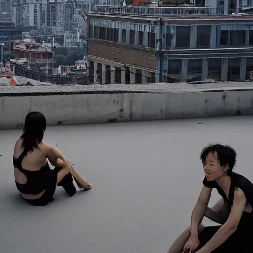 Image similar to a small rooftop with a couple of people sitting and watching the view, wearing black modern clothes, modern shanghai bund is on the background, sunset, by gregory crewdson