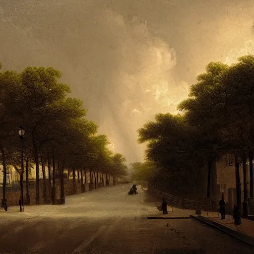 Prompt: 1750 Paris streets getting stormed, in the style of the Hudson River School