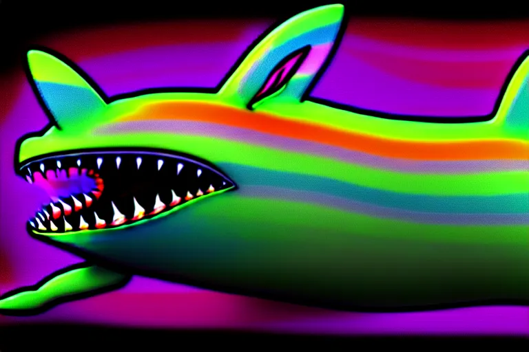 Image similar to a detailed digital art of a bunny disguised as a shark in the style of junji ito and moebius and giger, rainbow color scheme, ornate, photosynthetic,8k,award winning art,
