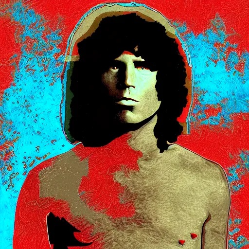 Image similar to Jim Morrison, The Doors, Detailed, Mixed Media, Cream paper, black, red, cyan, Digital Art. DeviantArt