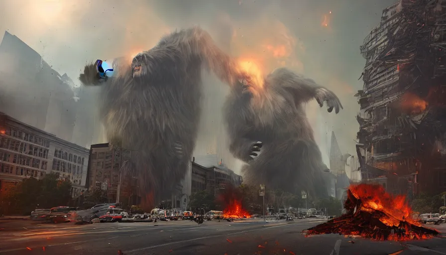 Image similar to giant bigfoot destroying washington dc, debris and fire, collapsed buildings, monster, hyperdetailed, artstation, cgsociety, 8 k