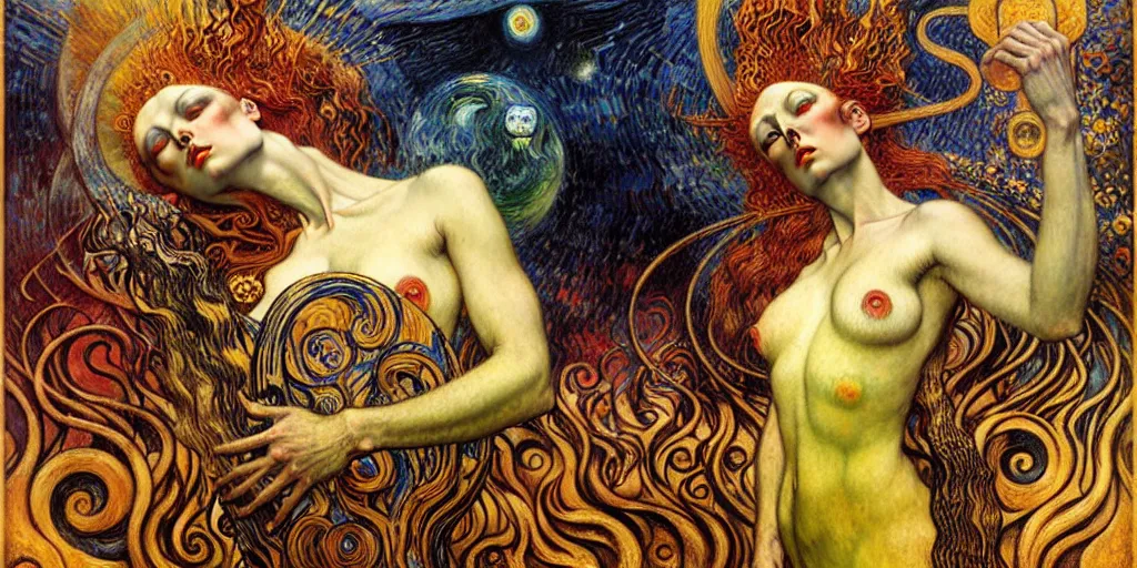 Image similar to Divine Chaos Engine by Karol Bak, Jean Delville, William Blake, Gustav Klimt, and Vincent Van Gogh, symbolist, visionary