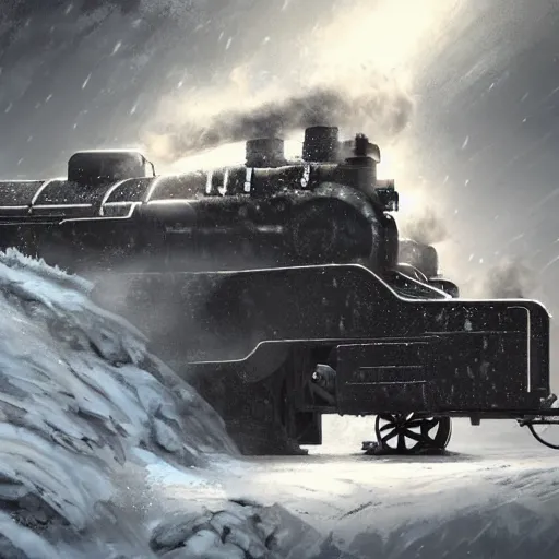 Image similar to an intricate futuristic black steam train and a giant mammoth, post - apocalyptic ice landscape in snowstorm, concept art, artstation, highly detailed, digital art