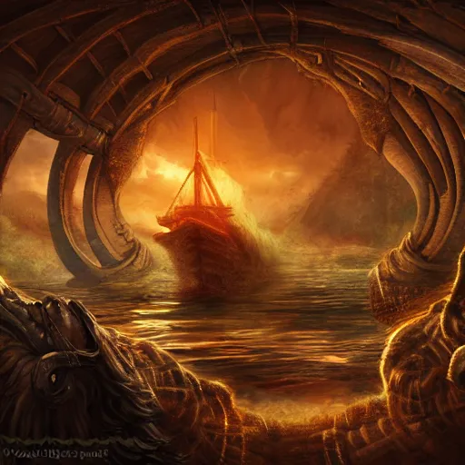 Image similar to noah's ark, centered in picture, epic fantasy, detailed, intricate, digital painting, concept art, realistic, smooth, focus, rim light