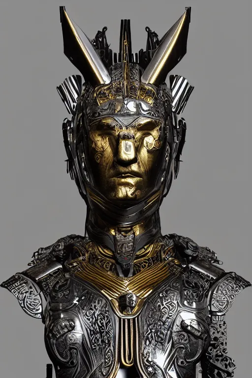 Image similar to hyper realistic glorious ancient celtic god in a obsidian metal armor, futuristic design, designed by makoto kobayashi and luca zampriolo, portrait, cyberpunk style, wood and gold details, intricate, extremely detailed, ornate, deep of field, hard surface, exoskeleton, substance designer metal