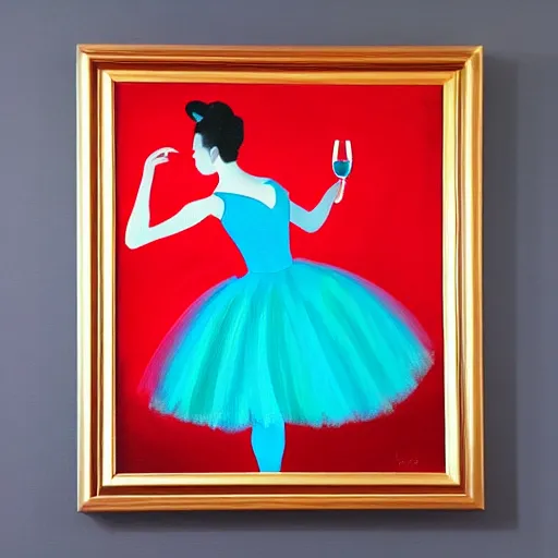 Prompt: square painting of a ballerina drinking wine in a teal room all on a red background