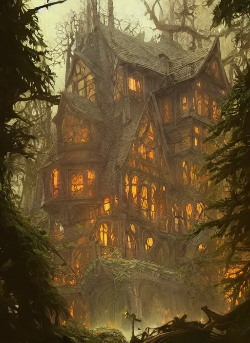 Prompt: haunted house in the middle of the woods, d & d, fantasy, intricate, elegant, highly detailed, digital painting, artstation, concept art, matte, sharp focus, illustration, hearthstone, art by artgerm, art by greg rutkowski, art by alphonse mucha