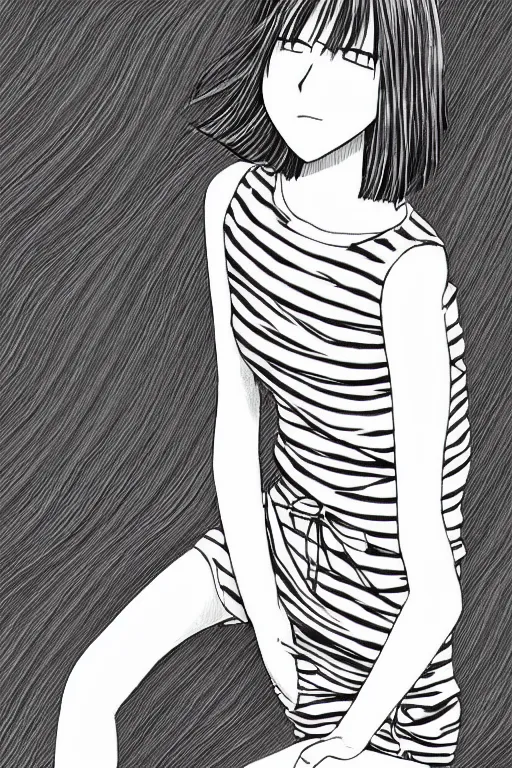 Image similar to portrait of a girl in long pants and a striped top, hands in pockets, eyes closed, bob haircut, digital art, black and white, lineart by kaoru mori