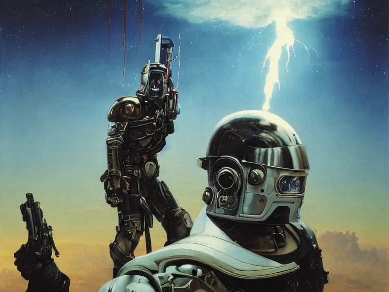 Prompt: a detailed profile oil painting of a bounty hunter in armour and visor, cinematic sci-fi poster. technology flight suit, bounty hunter portrait symmetrical and science fiction theme with lightning, aurora lighting clouds and stars. Clean and minimal design by beksinski carl spitzweg and tuomas korpi. baroque elements. baroque element. intricate artwork by caravaggio. Trending on artstation. 8k