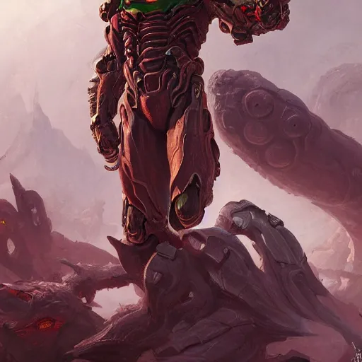 Image similar to doom eternal, mutant, tubes fused with the body, front view, painted by stanley lau, painted by greg rutkowski, painted by stanley, artgerm, masterpiece, digital art, trending on arts