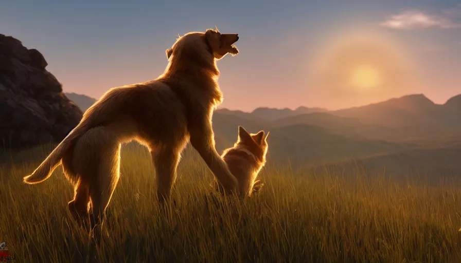 Image similar to back view of a dog watching the sun sitting on the hill, hyperdetailed, artstation, cgsociety, 8 k