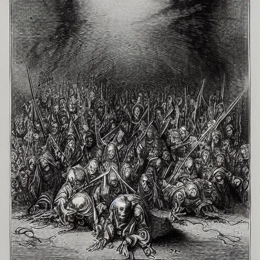 Image similar to the fellowship of the ring, by gustave dore and albrecht durer