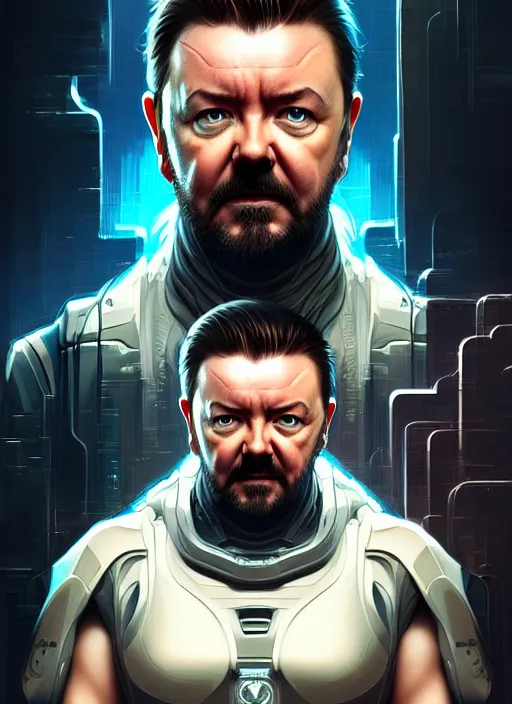 Prompt: portrait of ricky gervais, sci - fi, muscular! cyberpunk, intricate, elegant, highly detailed, digital painting, artstation, concept art, smooth, sharp focus, illustration, art by artgerm and greg rutkowski and alphonse mucha