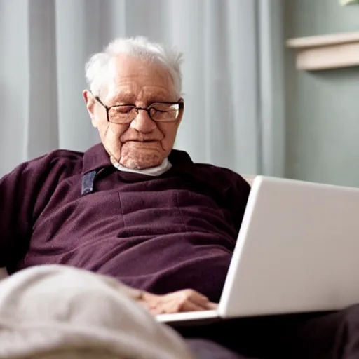 Image similar to elderly man in a coffin browsing internet on laptop