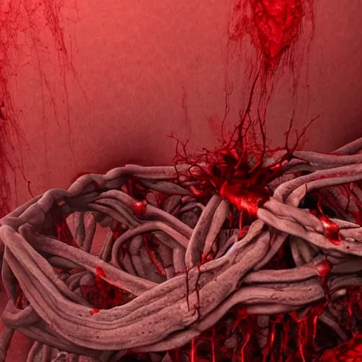 Prompt: a dark red gory structure of intertwined decaying muscles, eyes, sharp teeth, and intestines lying in a pool of clotting blood, slowly engulfing its surroundings with twitching veins and bloody intestines, dark hazy room, a high-quality photo, hyperrealistic, in color