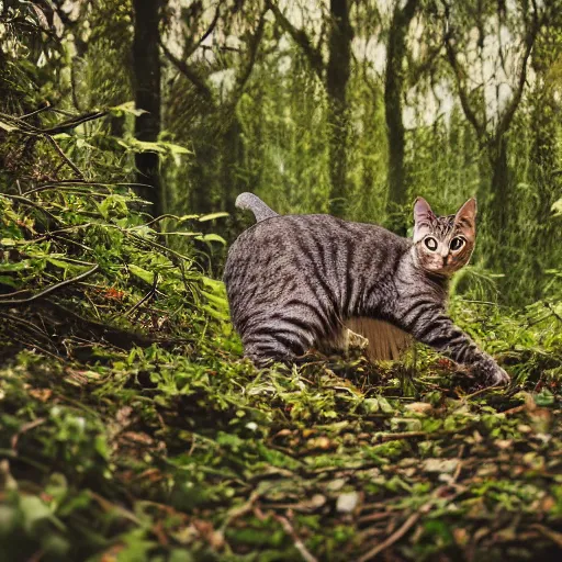 Prompt: cat in deep forest, photorealistic, 4 k, 5 0 mm, bokeh