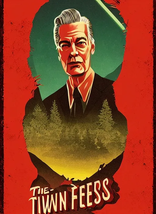 Prompt: twin peaks movie poster art by mike saputo