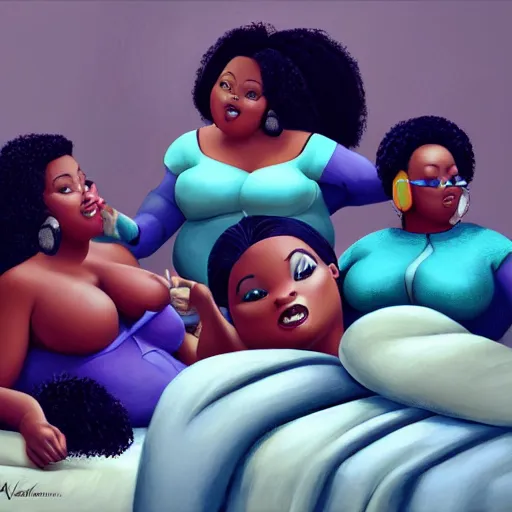 Image similar to photorealistic, stunning, coherent, beautiful painting, still of a group of black bbw models taking a picture of each other posing in the same bed , they are all laying down, one of them is on the phone with her boyfriend , 3d, in the style of pixar, smooth, 3d, highly detailed, highly detailed, sharp focus, bokeh, depth of field, 16k resolution, Unreal Engine 5, coherent, cinematic lighting, photorealistic