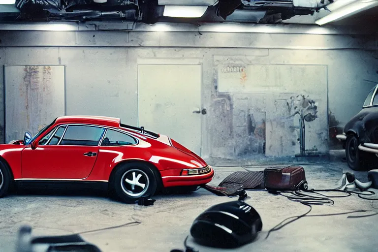 Image similar to a single 1 4 8 0 porsche 9 1 1, inside of a tokyo garage, ektachrome photograph, volumetric lighting, f 8 aperture, cinematic eastman 5 3 8 4 film, movie still from bladerunner