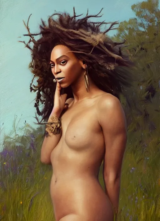 Image similar to portrait of Beyonce practicing wild magic, countryside, calm, fantasy character portrait, dynamic pose, above view, sunny day, thunder clouds in the sky, artwork by Jeremy Lipkin and Giuseppe Dangelico Pino and Michael Garmash and Rob Rey, very coherent asymmetrical artwork, sharp edges, perfect face, simple form, 100mm