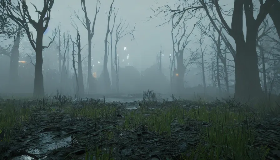 Prompt: dark, misty, foggy, dank, green, muddy, bog, marsh, flooded chicago city street swamp in destiny 2, liminal creepy, dark, dystopian, abandoned, highly detailed 4 k in - game destiny 2 screenshot gameplay showcase