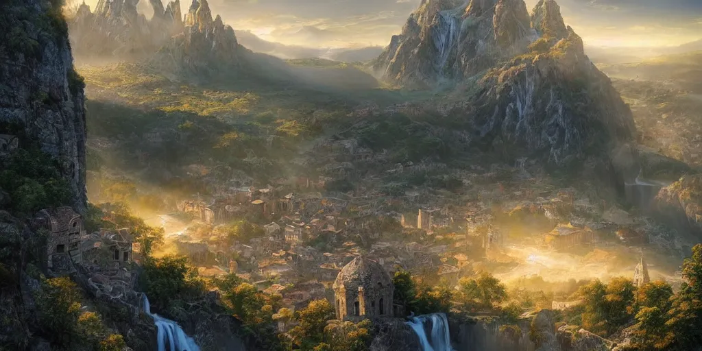 Prompt: beautiful waterfall between lush mountains in the sunset casting rays of light into medieval city below, highly detailed, sharp focus, artgerm, cgsociety, desaturated