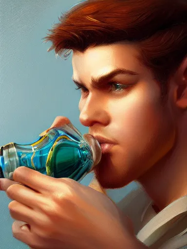 Image similar to a young handsome guy, drinking shopp. intricate, elegant, highly detailed, digital painting, artstation, concept art, sharp focus, illustration, by justin gerard and artgerm, 8 k