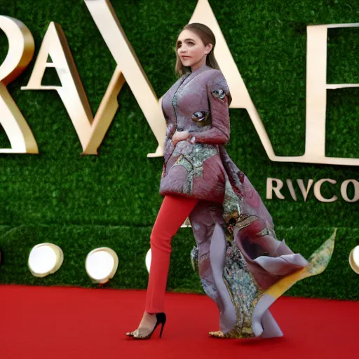 Image similar to elizabeth olsen walking on the red carpet, wearing an avocado stylized suit with the pith in the middle, trending on unsplash, 4 k quality, intricate