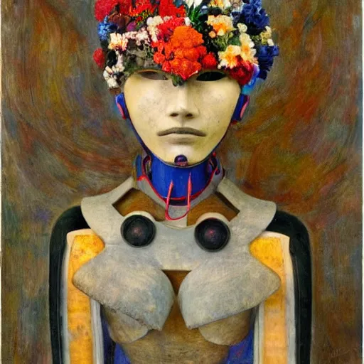 Image similar to a humanoid robot wearing a mask made of flowers, by annie swynnerton and diego rivera and tino rodriguez, symbolist, dramatic lighting, elaborate geometric ornament, art brut, soft cool colors, smooth, sharp focus, extremely detailed, adolf wolfli