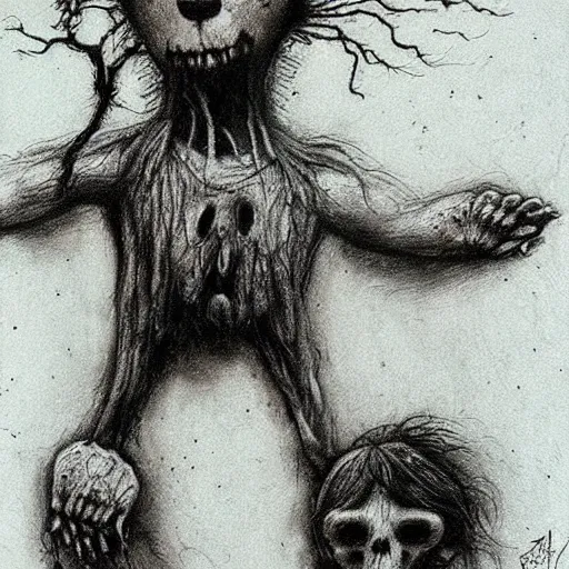 Image similar to grunge drawing of a cartoon bloody teddy bear by - Zdzisław Beksiński , corpse bride style, horror themed, detailed, elegant, intricate