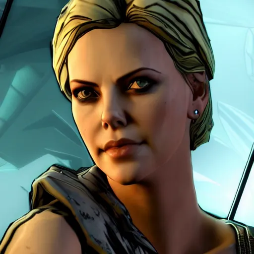 Image similar to charlize theron portrait, borderlands, tales from the borderlands, the wolf among us, comic, cinematic lighting, studio quality, 8 k