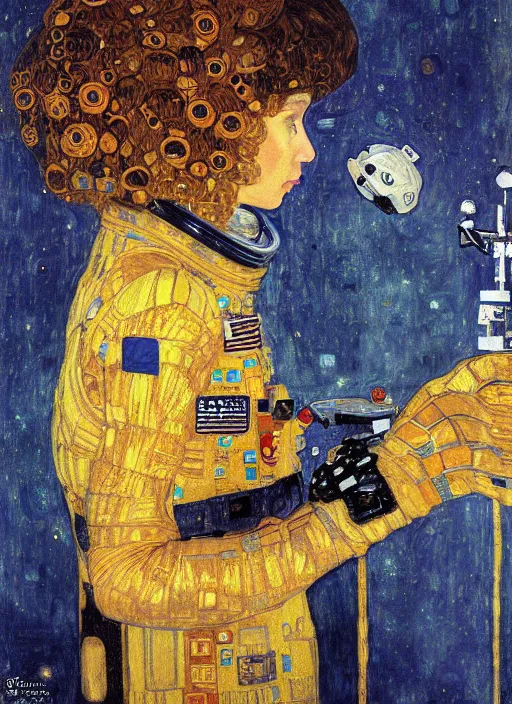 Image similar to woman astronaut in profile, holding a sword, painting by gustav klimt, detailed, ambient lighting, photo realistic, 8 k