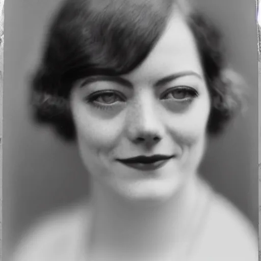 Image similar to headshot photograph of emma stone, edwardian, 1 9 2 0 s film actress, realistic face, ethereal, 1 9 1 0 s, grainy, victorian, soft blur