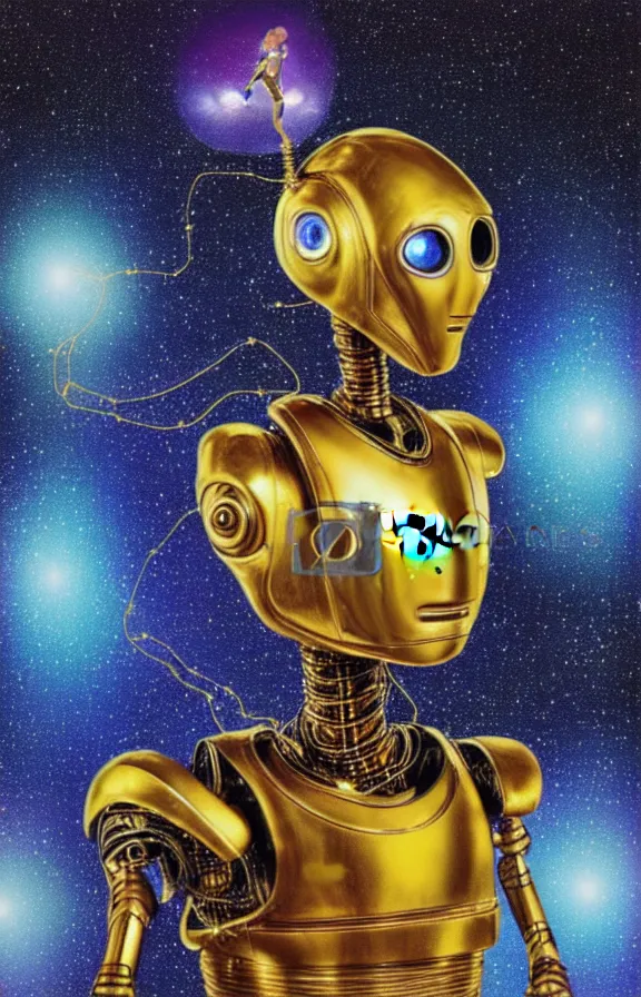 Image similar to portrait of a robot humanoid alien with golden armature and medieval helmet. Galactic iridescent background in the style of Tim white and moebius